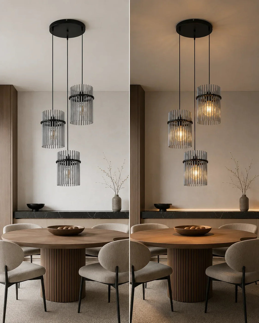 Le Trio — Suspension 3 lumières en verre fumé cannelé