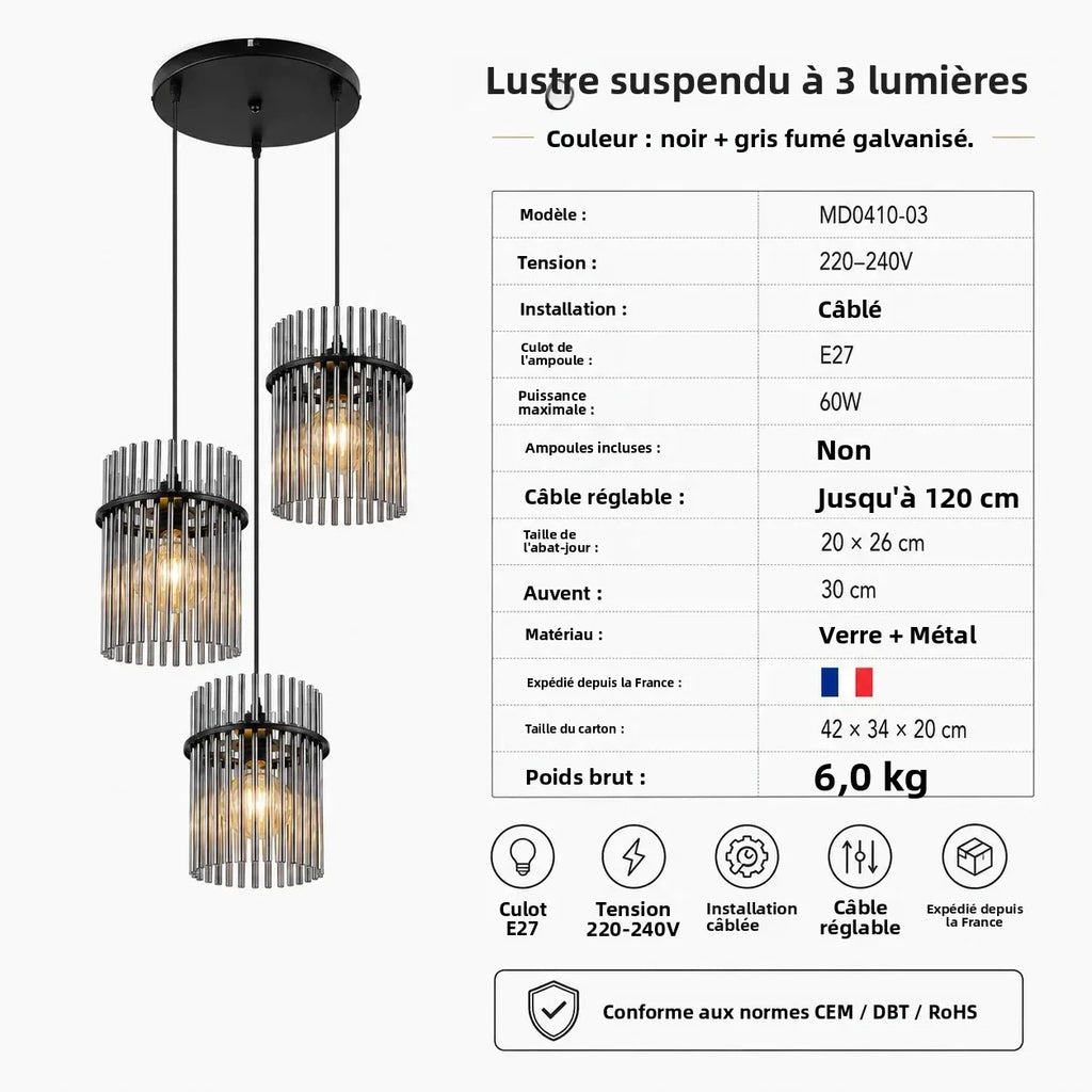 Le Trio — Suspension 3 lumières en verre fumé cannelé