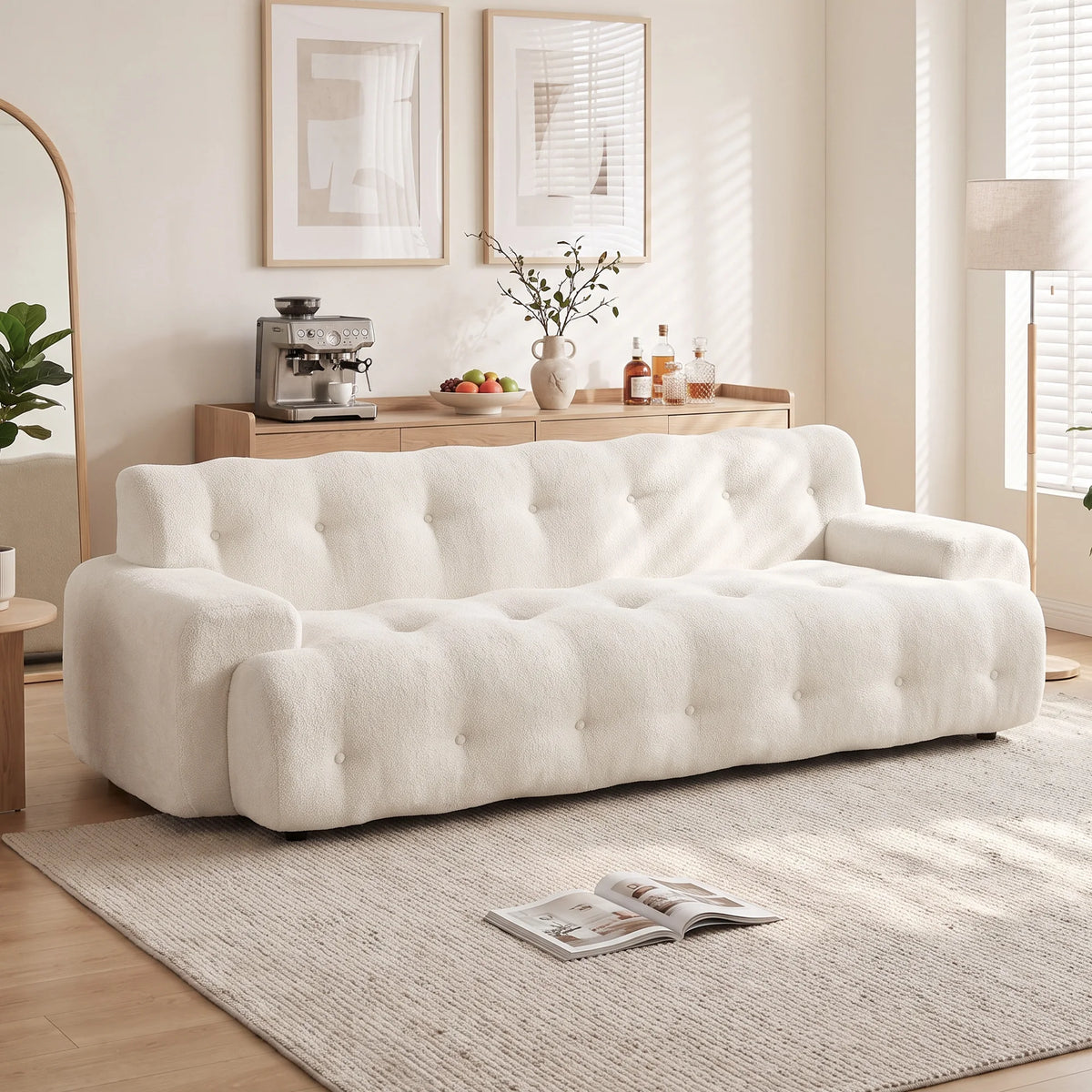 La Ouate — Canapé 3 places capitonné en chenille crème 211 cm