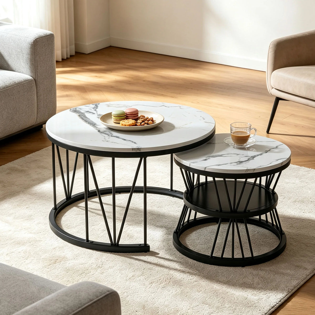 Le Tandem — Tables basses gigognes effet marbre et métal noir (lot de 2)