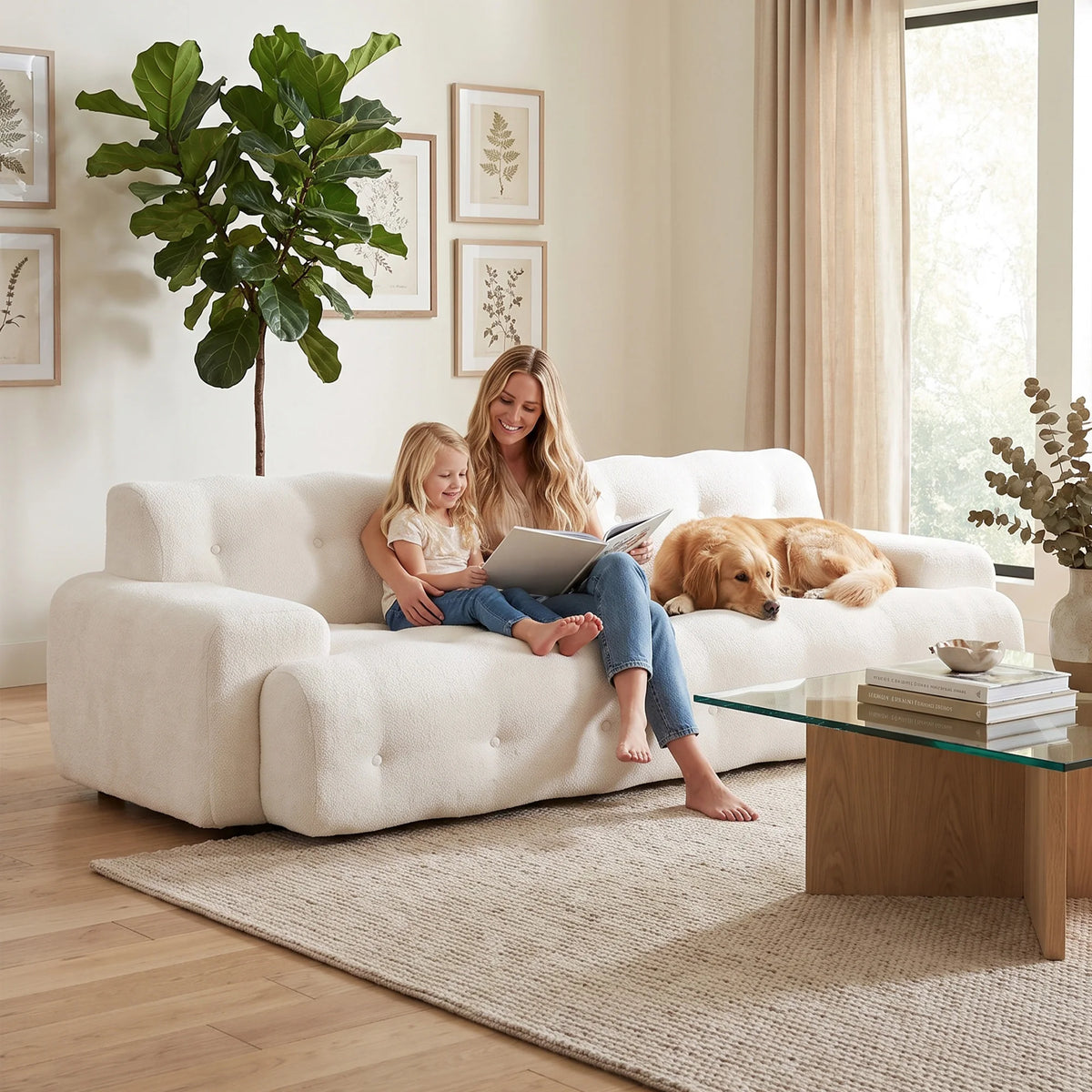 La Ouate — Canapé 3 places capitonné en chenille crème 211 cm