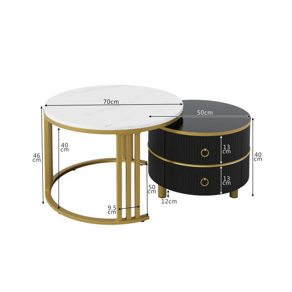 L'Écrin — Tables basses 2-en-1 effet marbre, noir cannelé et doré