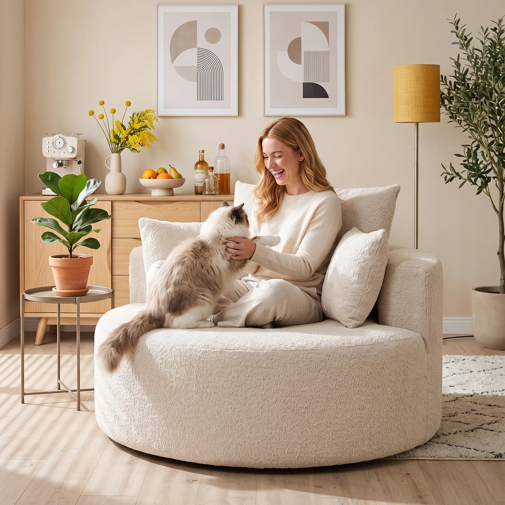 L'Alcôve — Fauteuil rond XXL en chenille crème Ø130