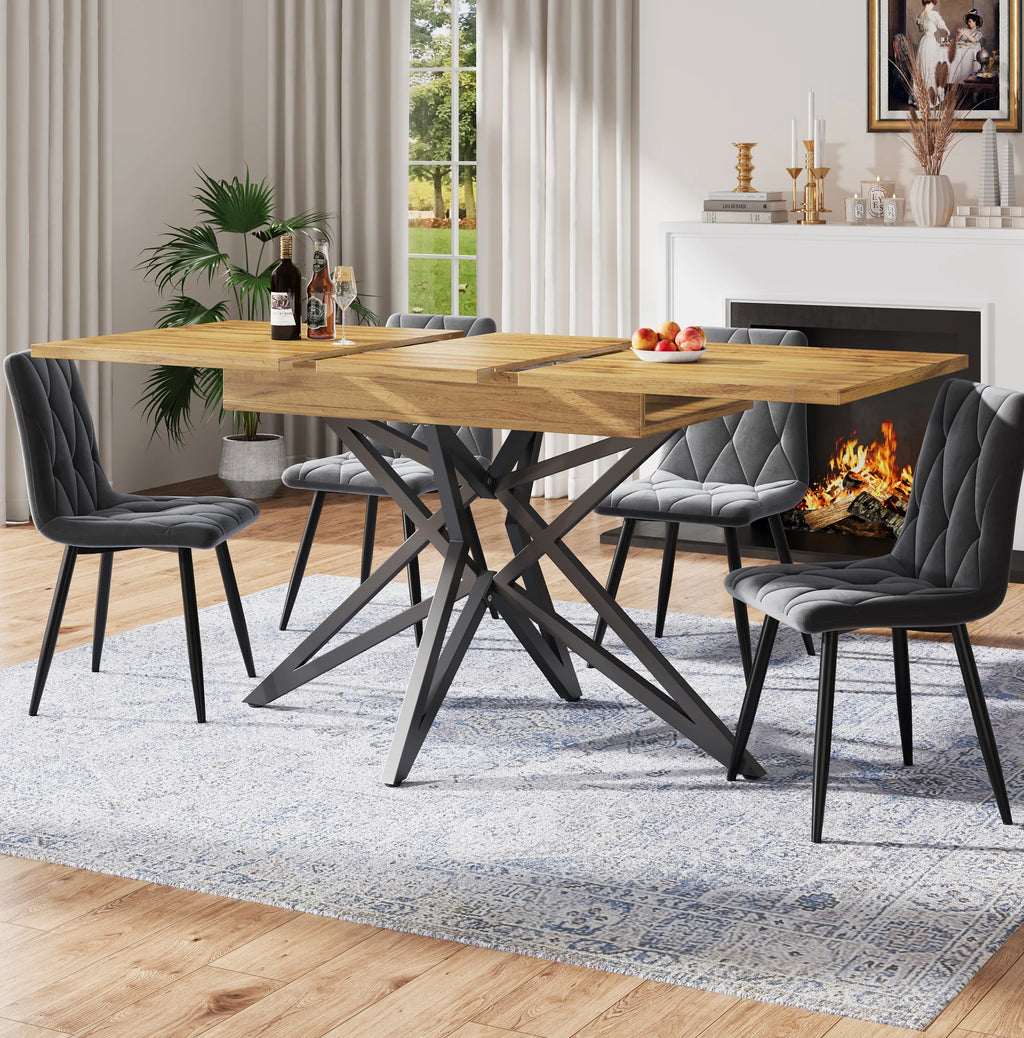 L'Étoile — Table à manger extensible effet noyer, pieds étoile noirs 120-160 cm