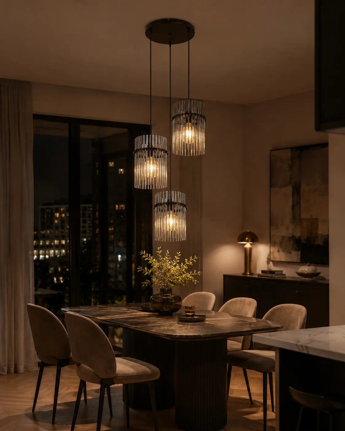 Le Trio — Suspension 3 lumières en verre fumé cannelé