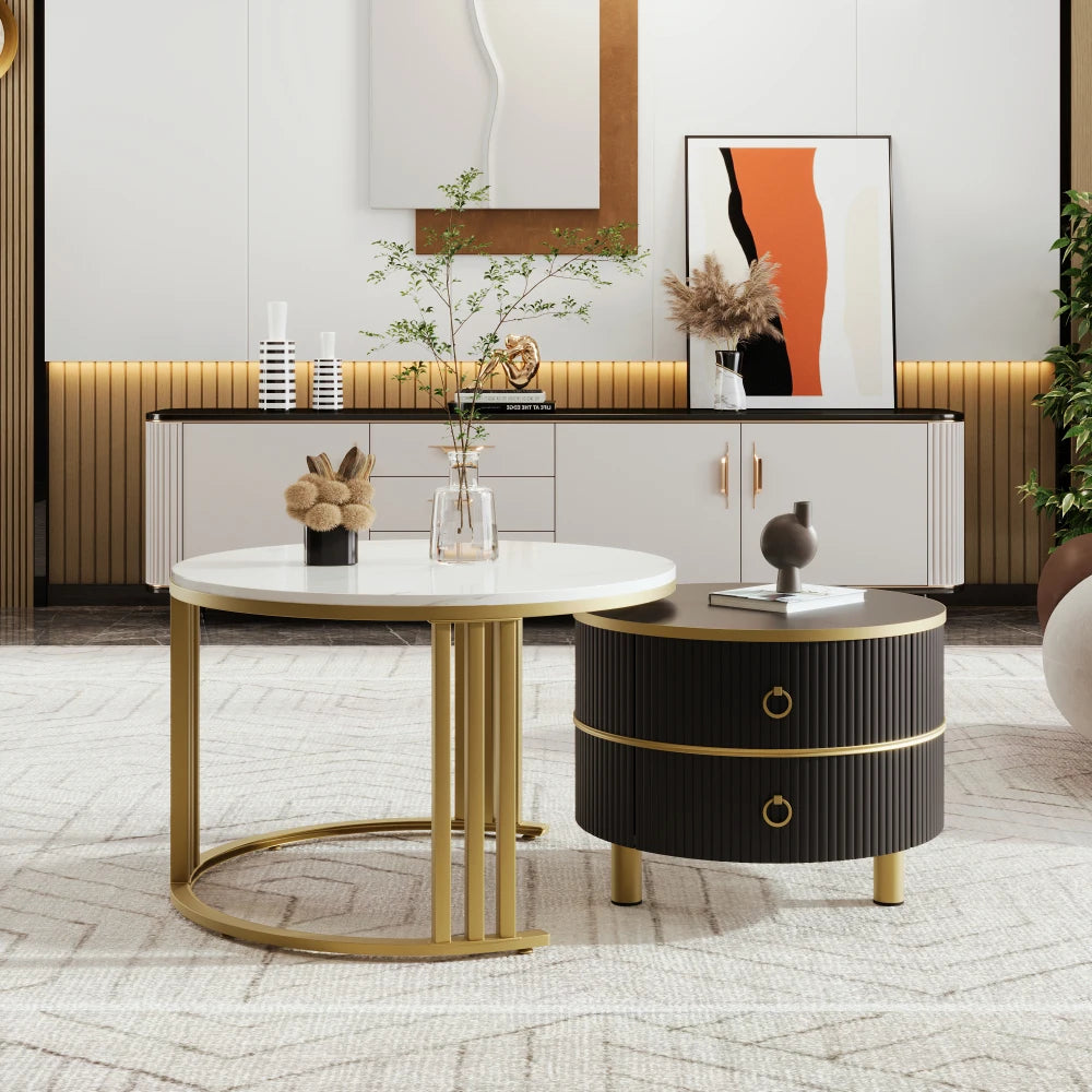 L'Écrin — Tables basses 2-en-1 effet marbre, noir cannelé et doré