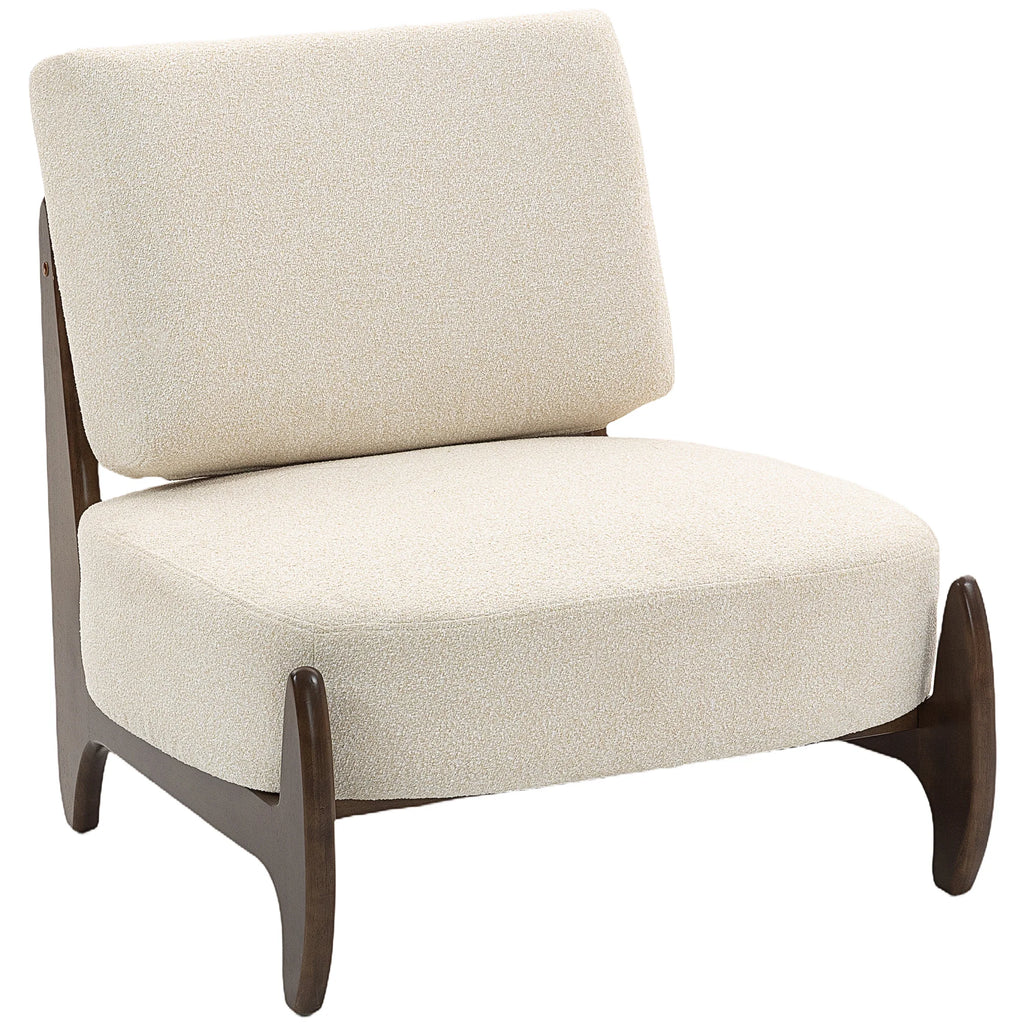 La Causeuse — Fauteuil lounge en chenille crème et bois foncé