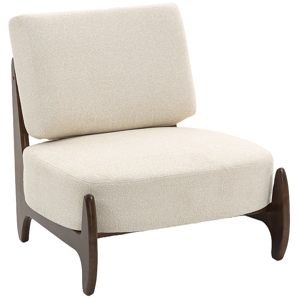 La Causeuse — Fauteuil lounge en chenille crème et bois foncé