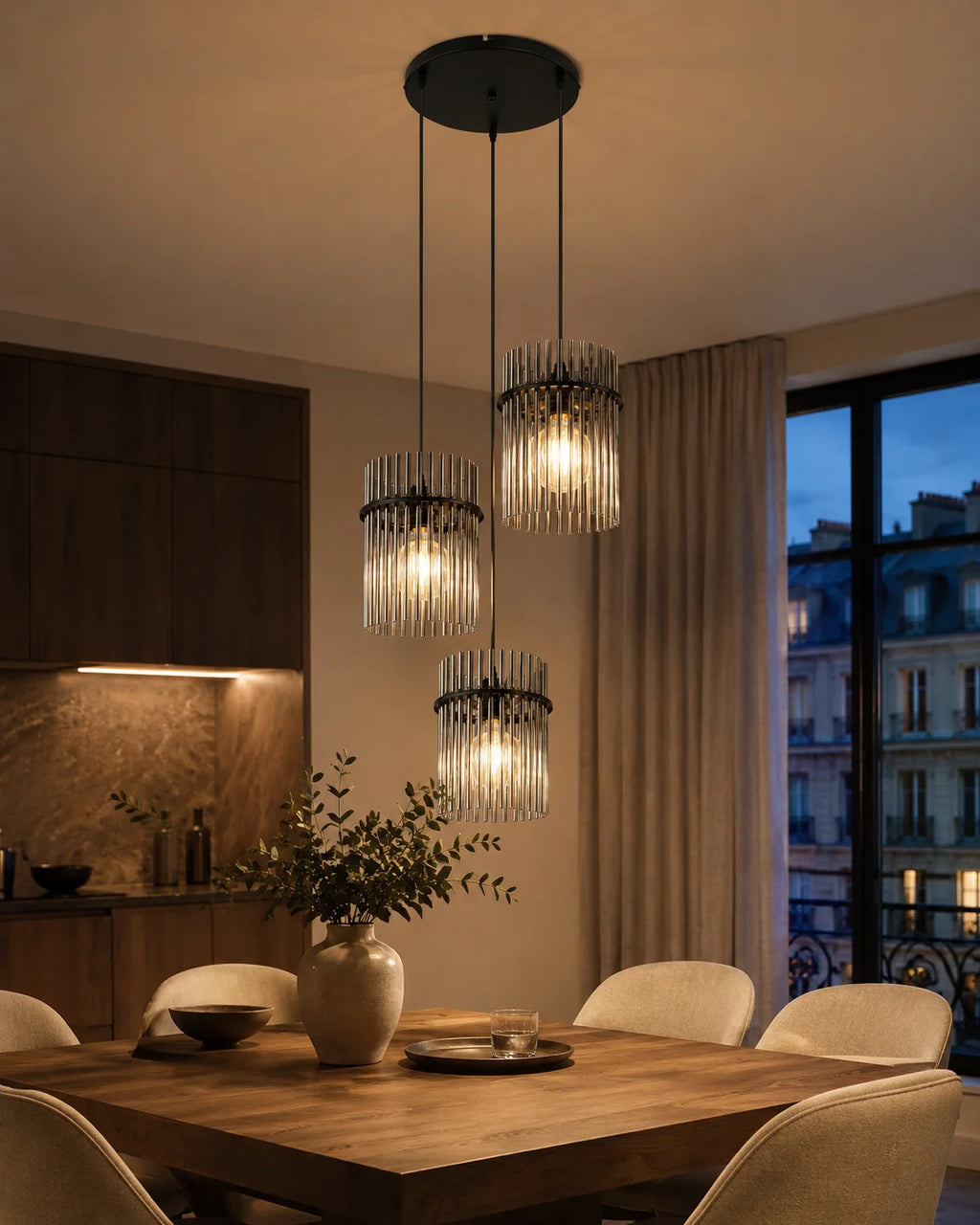 Le Trio — Suspension 3 lumières en verre fumé cannelé