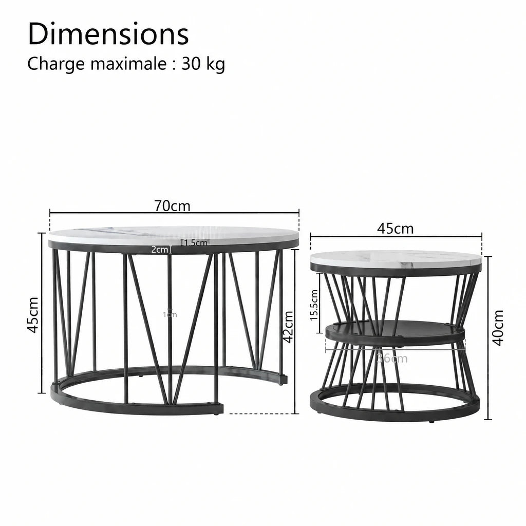 Le Tandem — Tables basses gigognes effet marbre et métal noir (lot de 2)