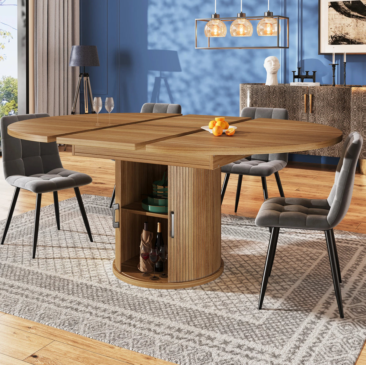 Le Noyer — Table à manger extensible ronde à ovale effet noyer 118-158 cm