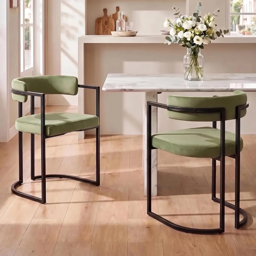 L'Olivier — Fauteuils de table en velours vert olive et métal noir (lot de 2)