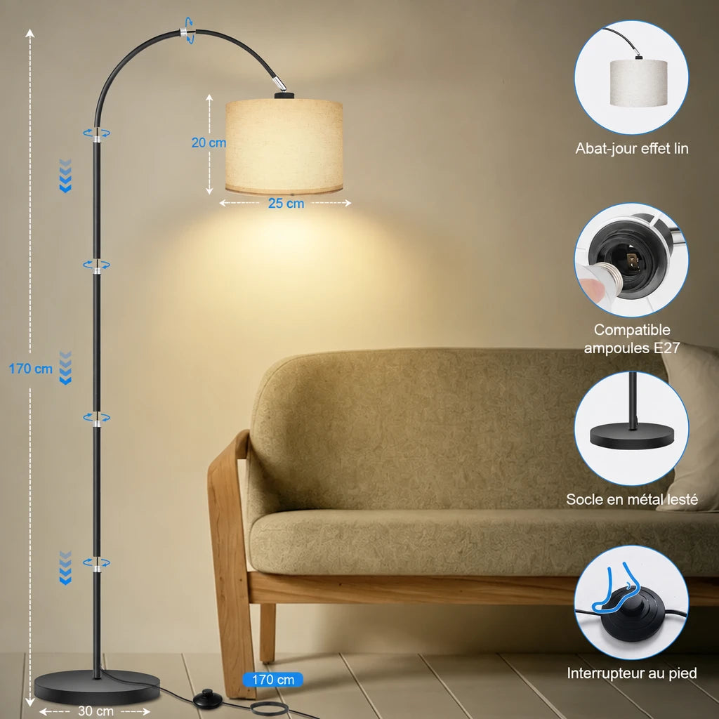 La Courbe — Lampadaire arc avec abat-jour en lin 170 cm