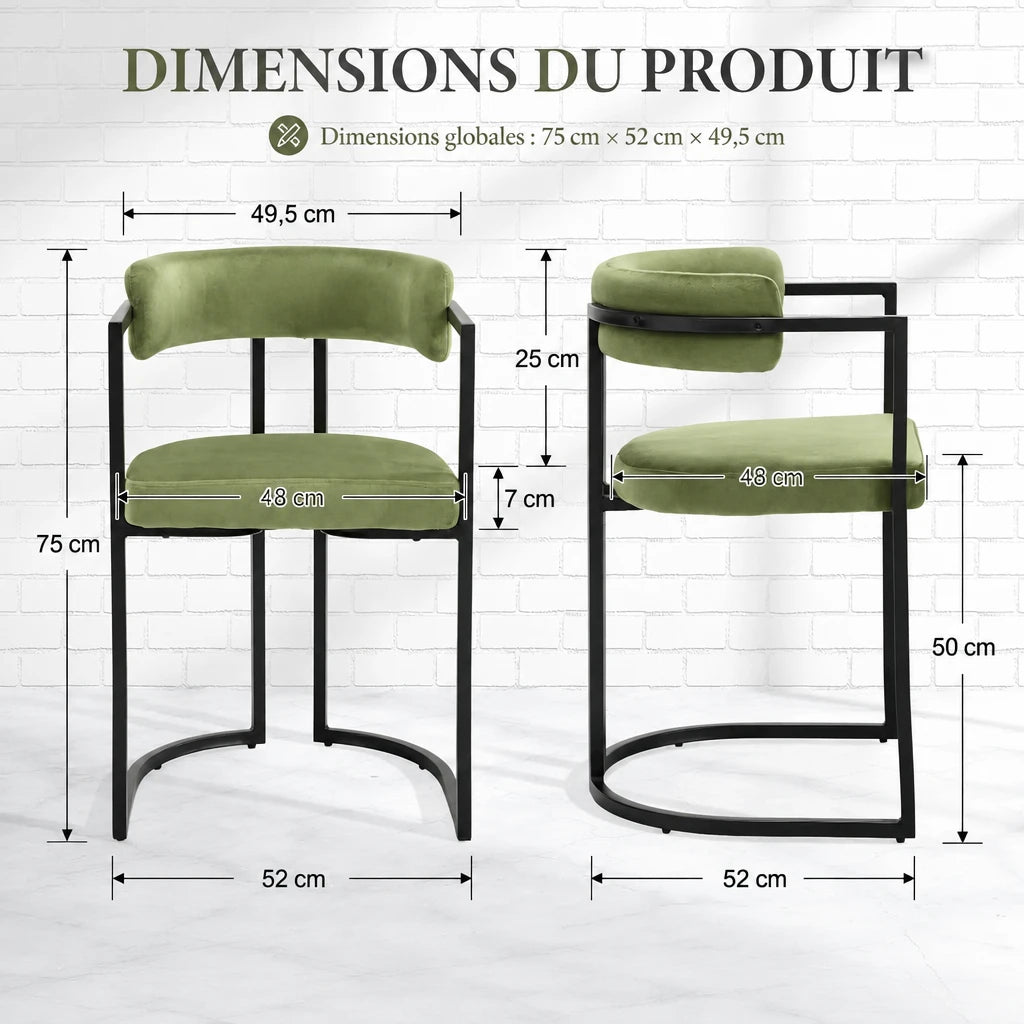 L'Olivier — Fauteuils de table en velours vert olive et métal noir (lot de 2)