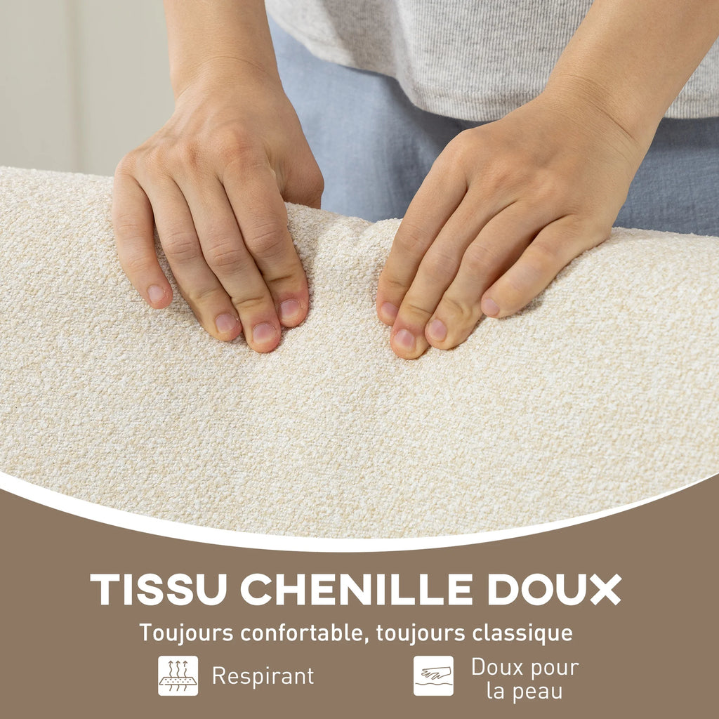 La Causeuse — Fauteuil lounge en chenille crème et bois foncé