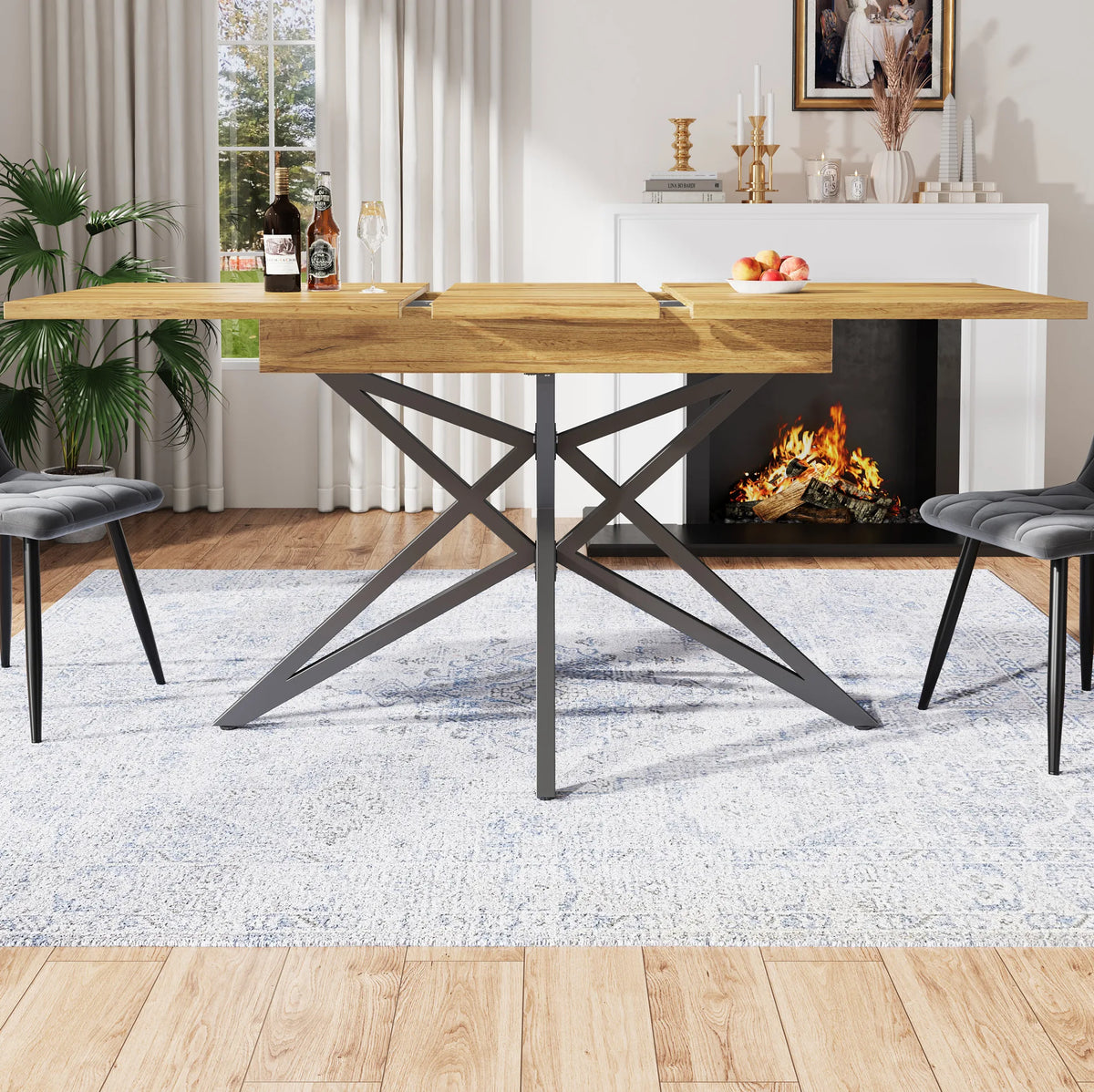L'Étoile — Table à manger extensible effet noyer, pieds étoile noirs 120-160 cm
