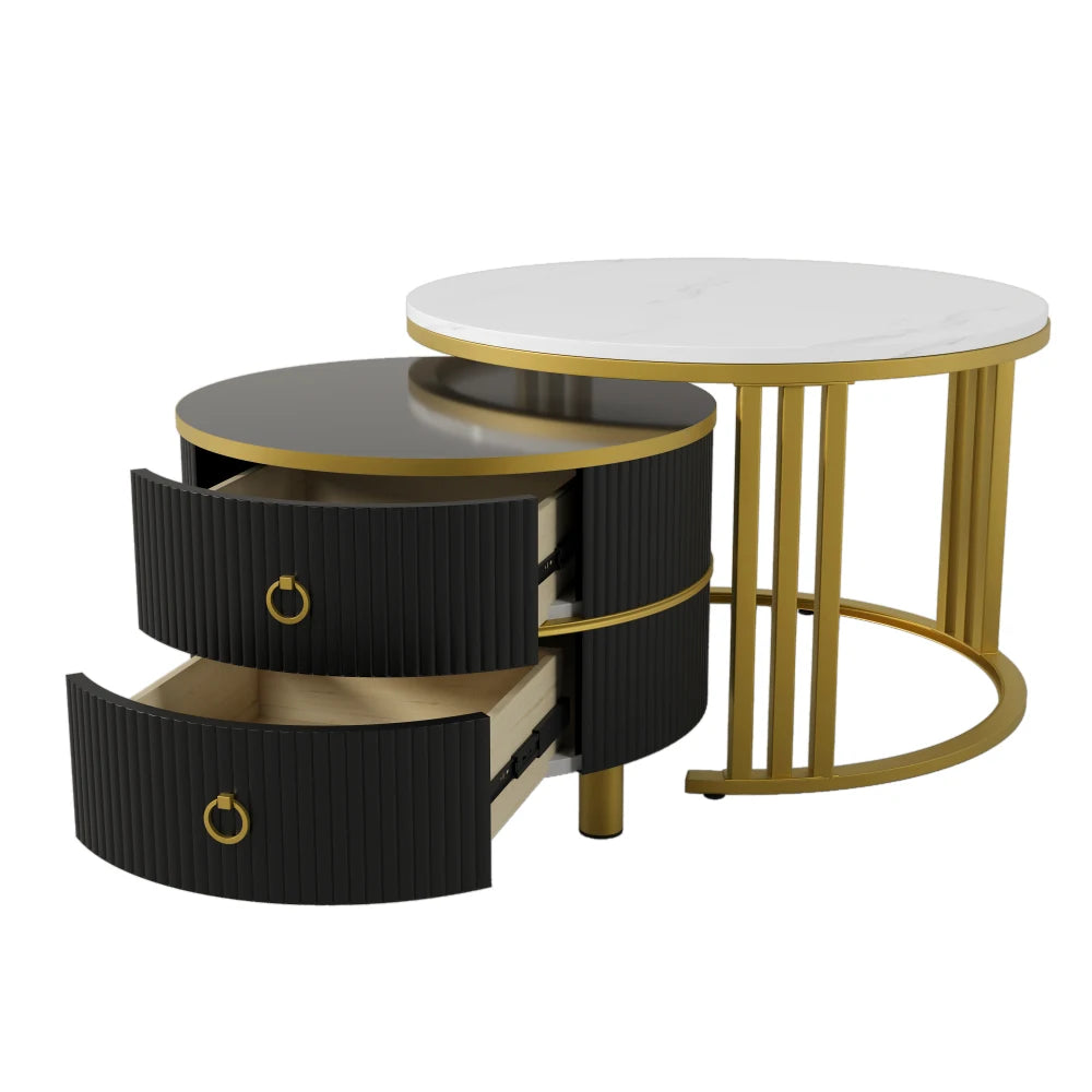 L'Écrin — Tables basses 2-en-1 effet marbre, noir cannelé et doré