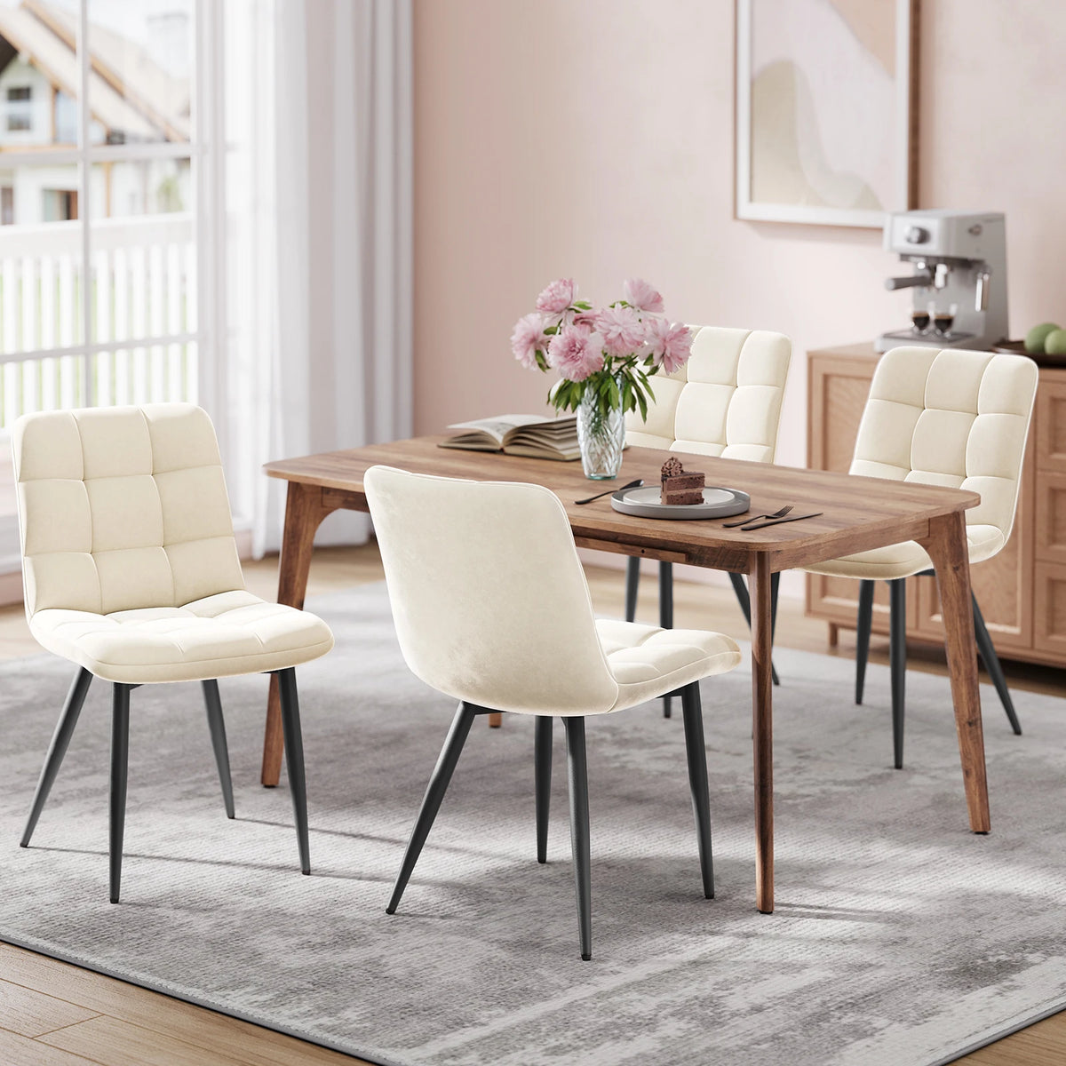 La Capitonnée — Chaises en velours crème capitonnées (lot de 4)