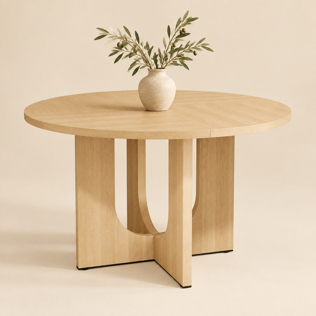 L'Escale, table à manger ronde effet chêne