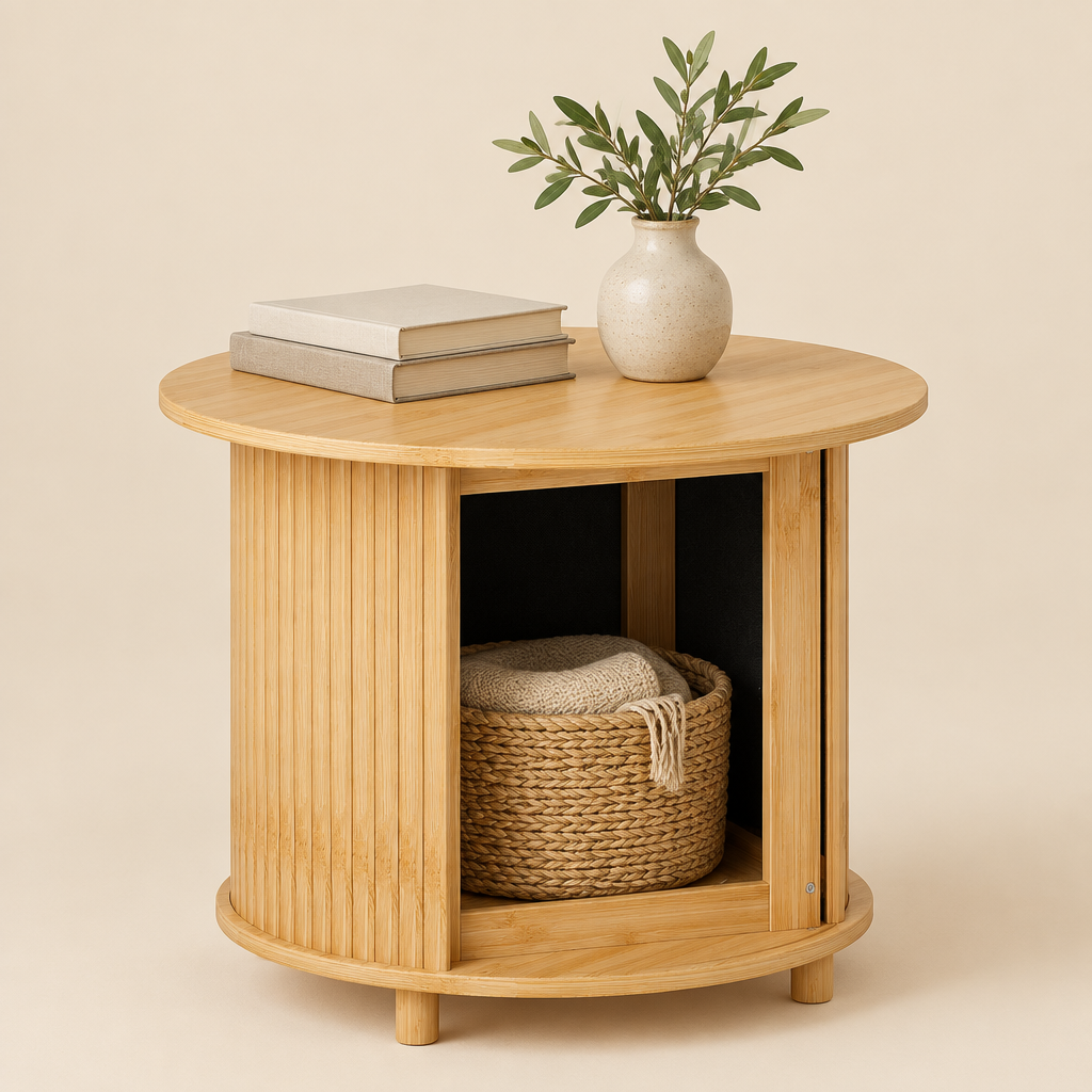 L'Îlot, table basse ronde cannelée en bambou