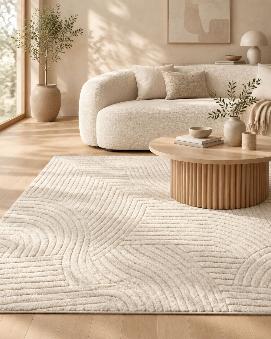 L'Onde, tapis crème en relief dans un salon cocooning