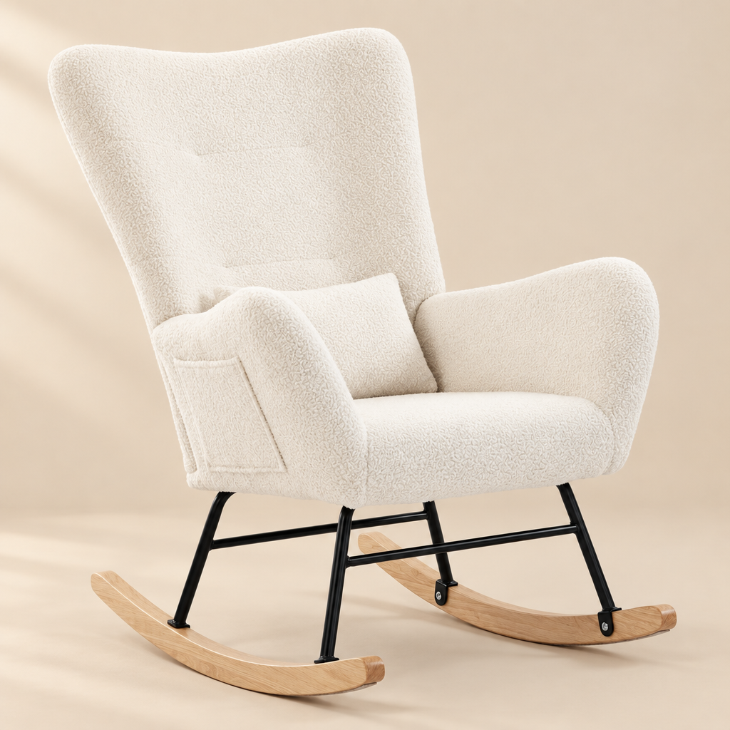 Le Bercé, fauteuil à bascule en peluche teddy crème