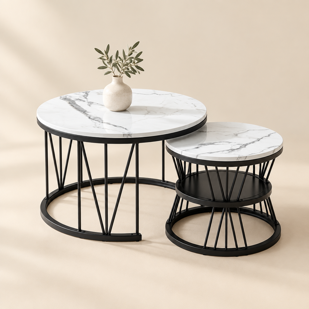 Le Tandem — Tables basses gigognes effet marbre et métal noir (lot de 2)