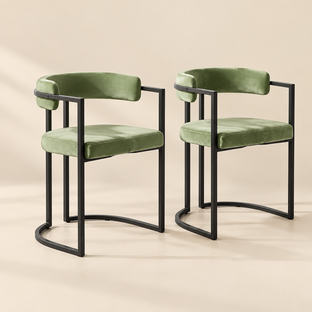 L'Olivier — Fauteuils de table en velours vert olive et métal noir (lot de 2)
