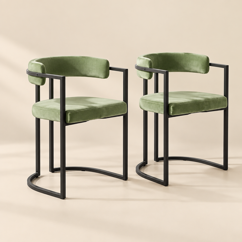 L'Olivier — Fauteuils de table en velours vert olive et métal noir (lot de 2)