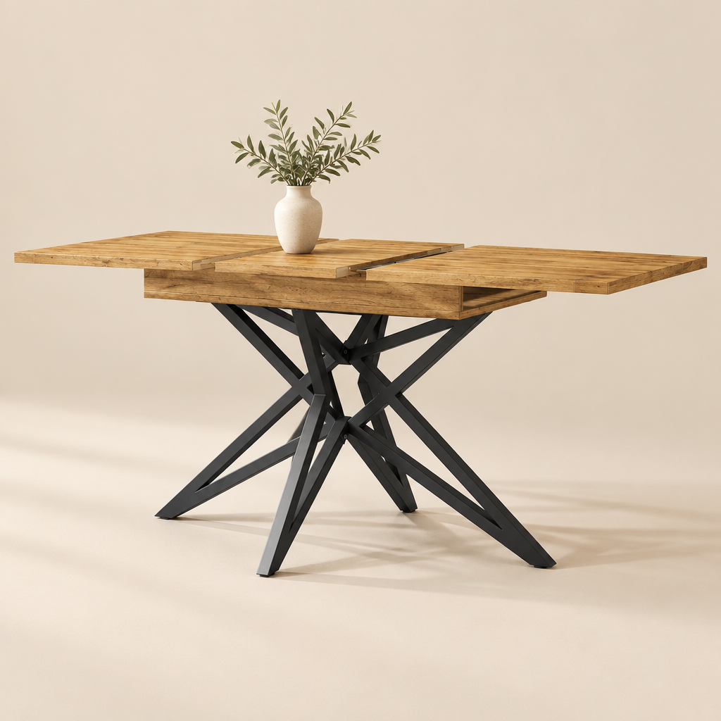 L'Étoile — Table à manger extensible effet noyer, pieds étoile noirs 120-160 cm