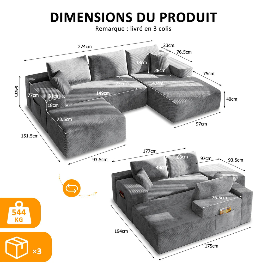 L'Édredon — Canapé modulable en U en velours côtelé